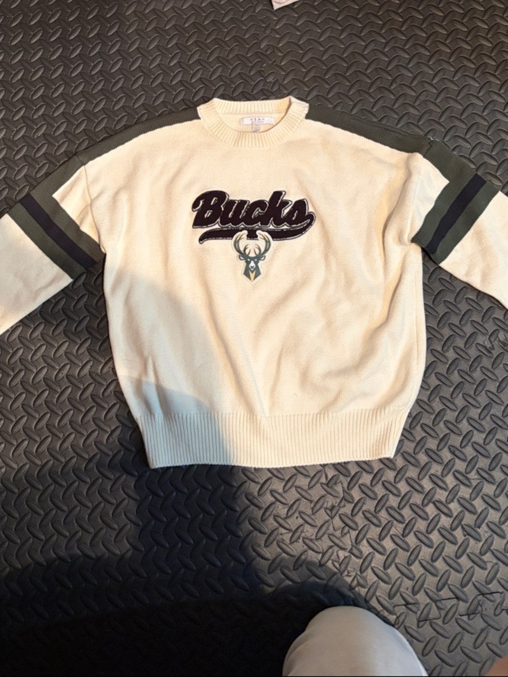 Cream Milwaukee Bucks Crewneck Sweater with Dark Green Stripes
